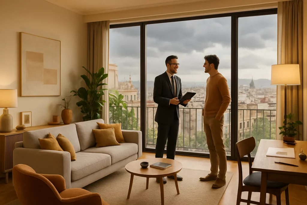 Zwei Männer sprechen sich in einer hellen Wohnung mit großem Fenster und Stadtblick. Einer trägt Anzug, der andere Pullover.