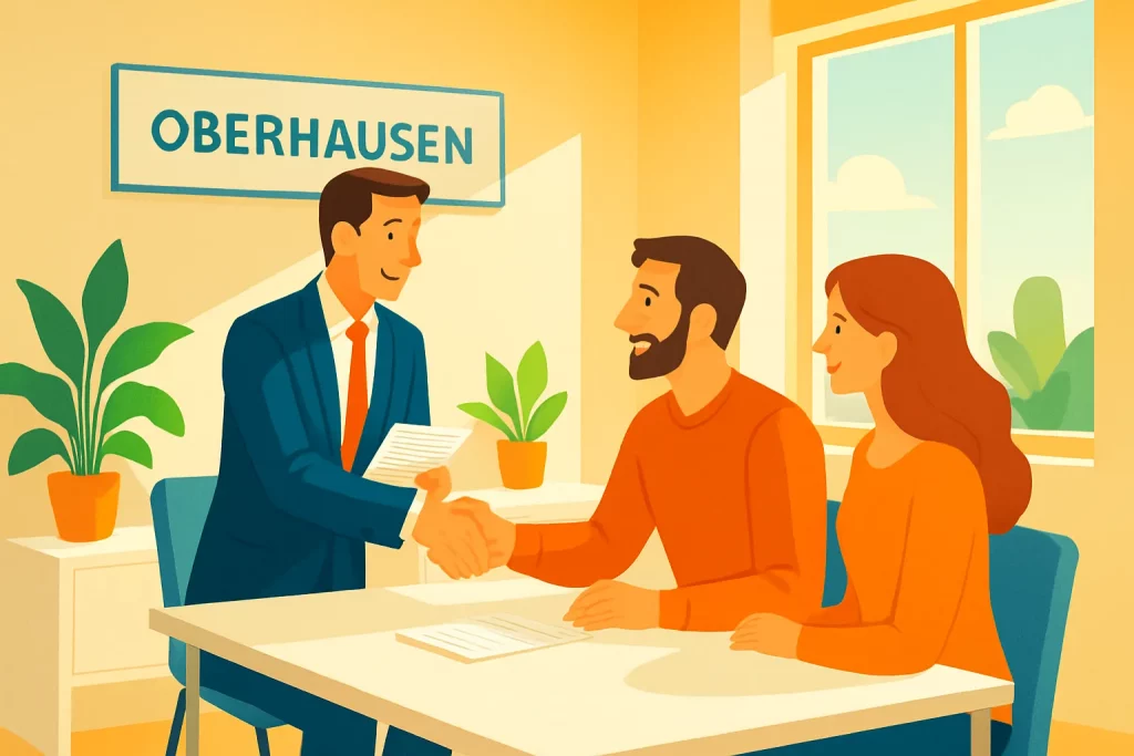 Zwei Menschen bei einer Unterschrifts­zeremonie im Büro Oberhausen. Der Mann im blauen Anzug begrüßt das Paar, sie unterschreiben Dokumente.