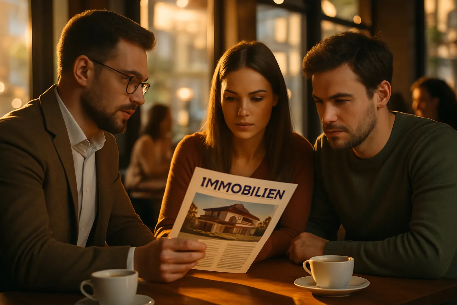 Drei Menschen sitzen in einem Café, schauen gemeinsam ein Immobilienangebot auf einer Zeitung. Es sind zwei Männer und eine Frau.