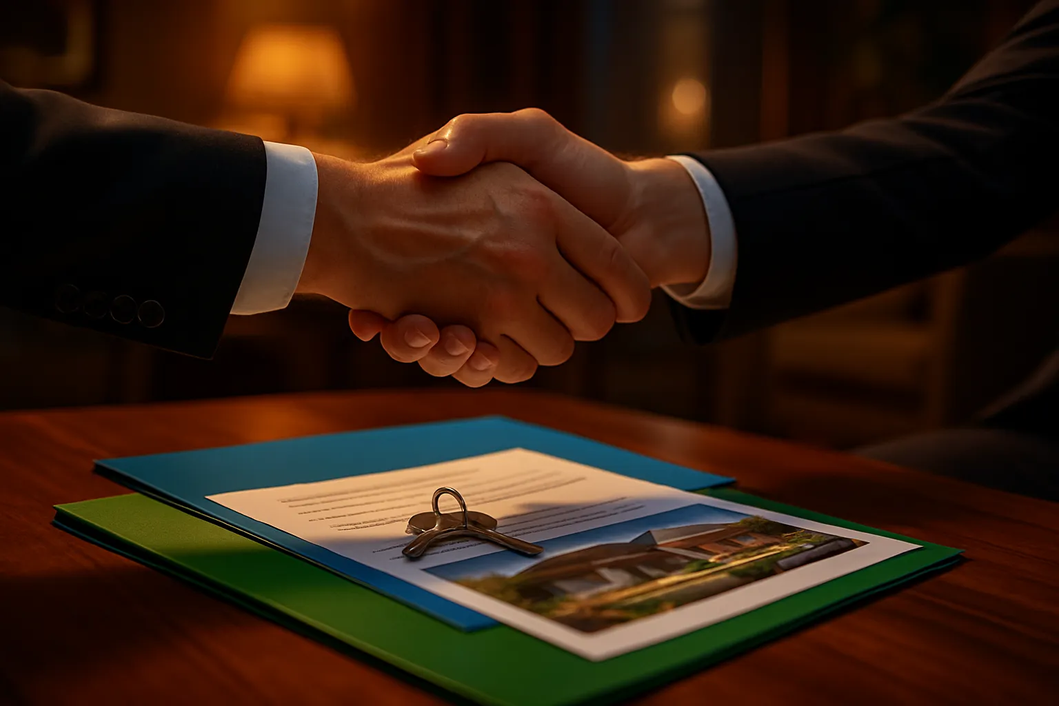 Zwei Personen schütteln sich die Hand bei Vertragsabschluss, auf einem Tisch mit Dokumenten und einem Schlüssel, im warmen Licht.