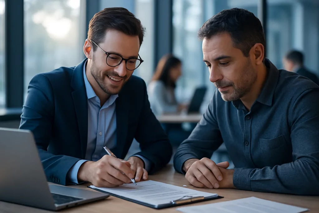 Zwei Männer im Gespräch bei einem Meeting, einer schreibt auf Papier, im Hintergrund weitere Personen in einem modernen Büro.