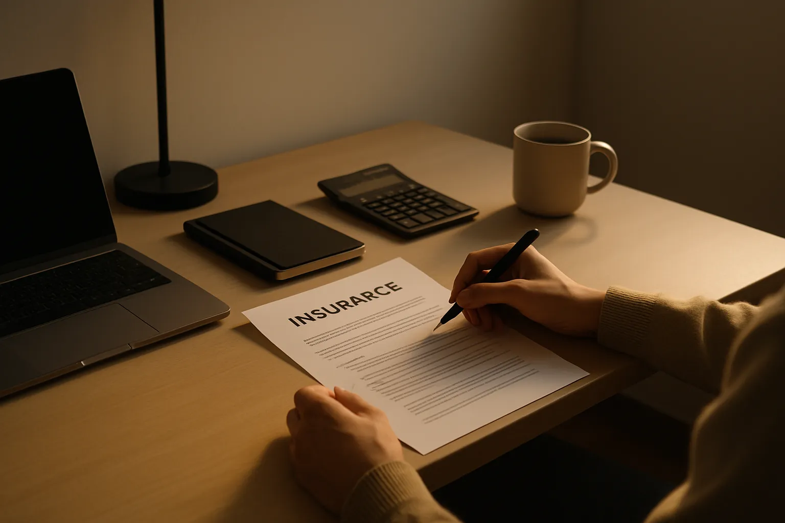 Jemand unterschreibt einen Versicherungsvertrag auf einem Schreibtisch mit Laptop, Taschenrechner, Notizbuch, Kaffeetasse und Lampe.