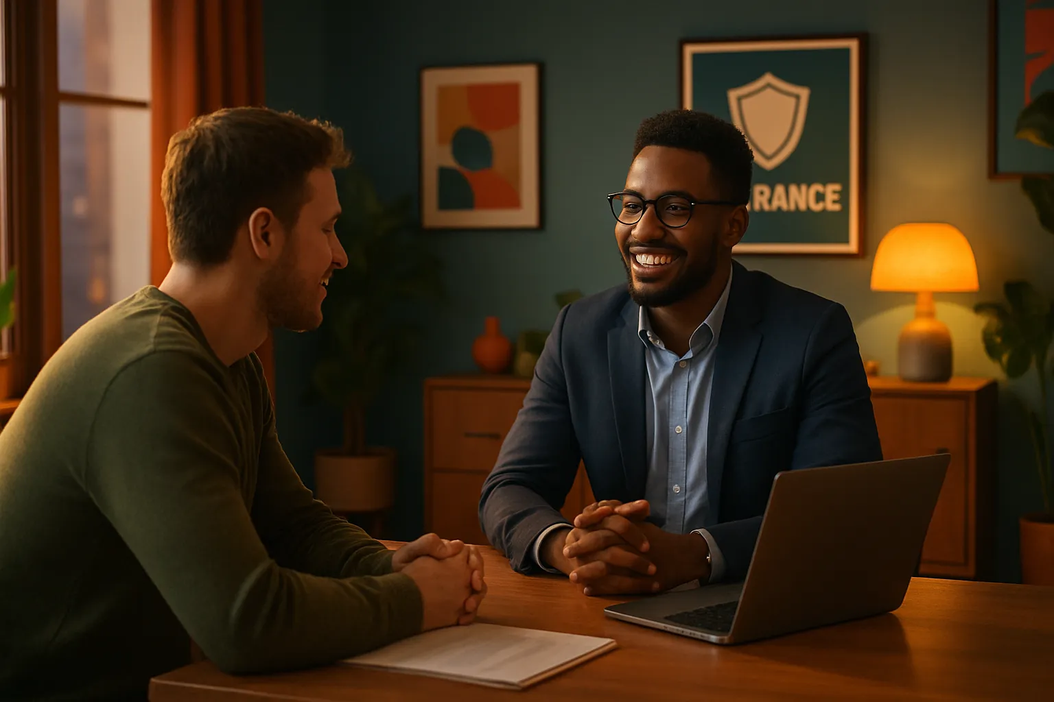 Zwei Männer sitzen an einem Tisch im Büro, lachen und sprechen. Einer trägt eine dunkle Jacke, der andere ein grünes Shirt.