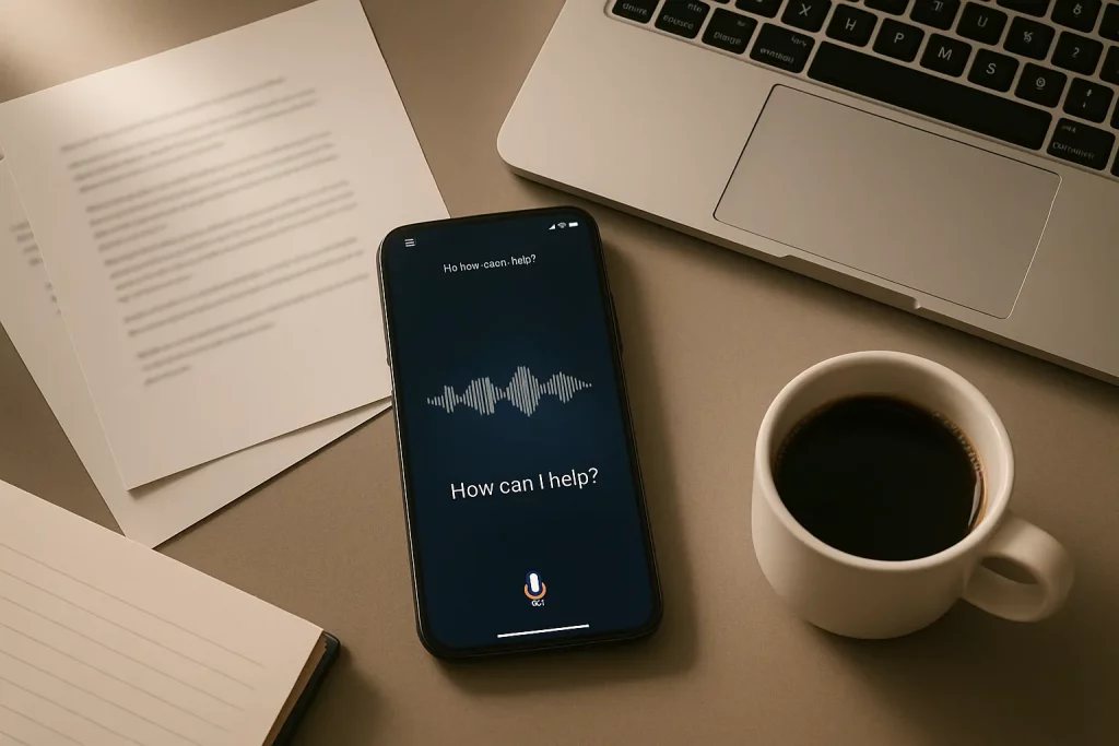 Ein Smartphone mit Sprachassistent auf einem Schreibtisch, umgeben von Papier, Notizbuch, Laptop und Kaffeetasse.