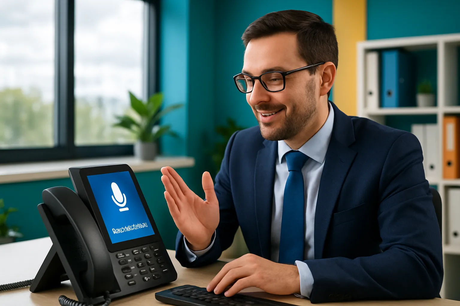 Mann im Anzug erklärt am Schreibtisch per Videokonferenz, winkt freundlich, im Hintergrund Büro mit Pflanzen und Schränken.