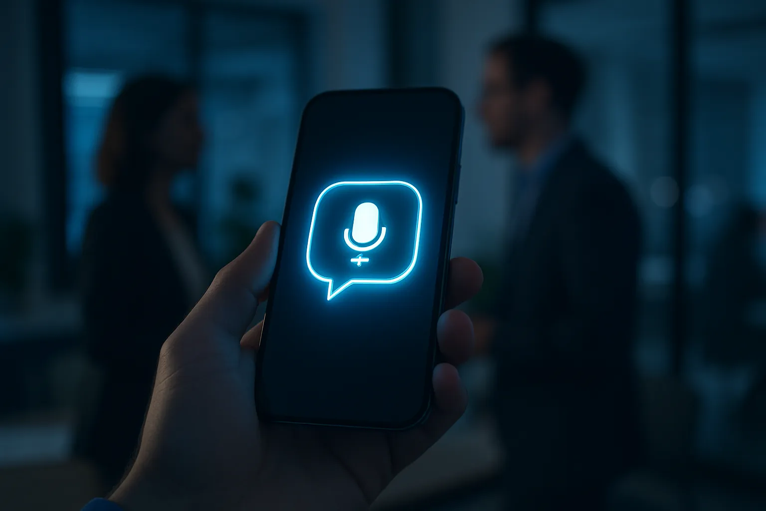 Ein Smartphone mit Gesprochen-Icon, im Hintergrund zwei verschwommene Menschen, vermutlich in einem Bürogebäude.