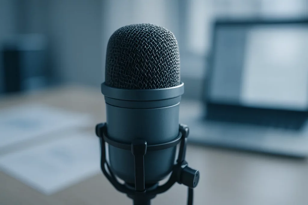 Ein Mikrofon auf einem Tisch vor einem Laptop, in einem Büro. Wahrscheinlich wird hier ein Podcast aufgenommen.