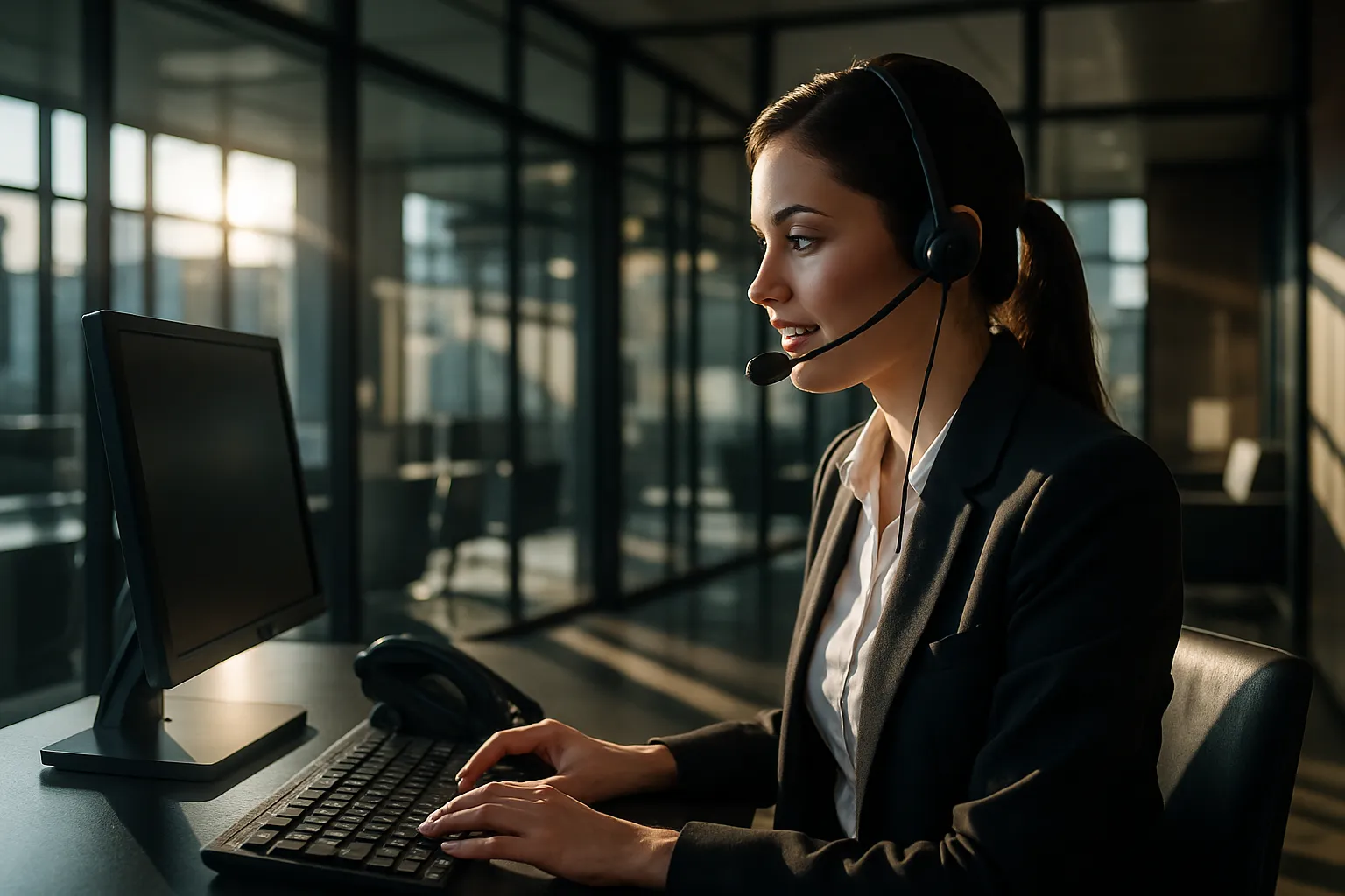 Eine junge Frau arbeitet an einem Computer im Büro, trägt einen schwarzen Anzug und ein Headset, während sie am Schreibtisch sitzt.
