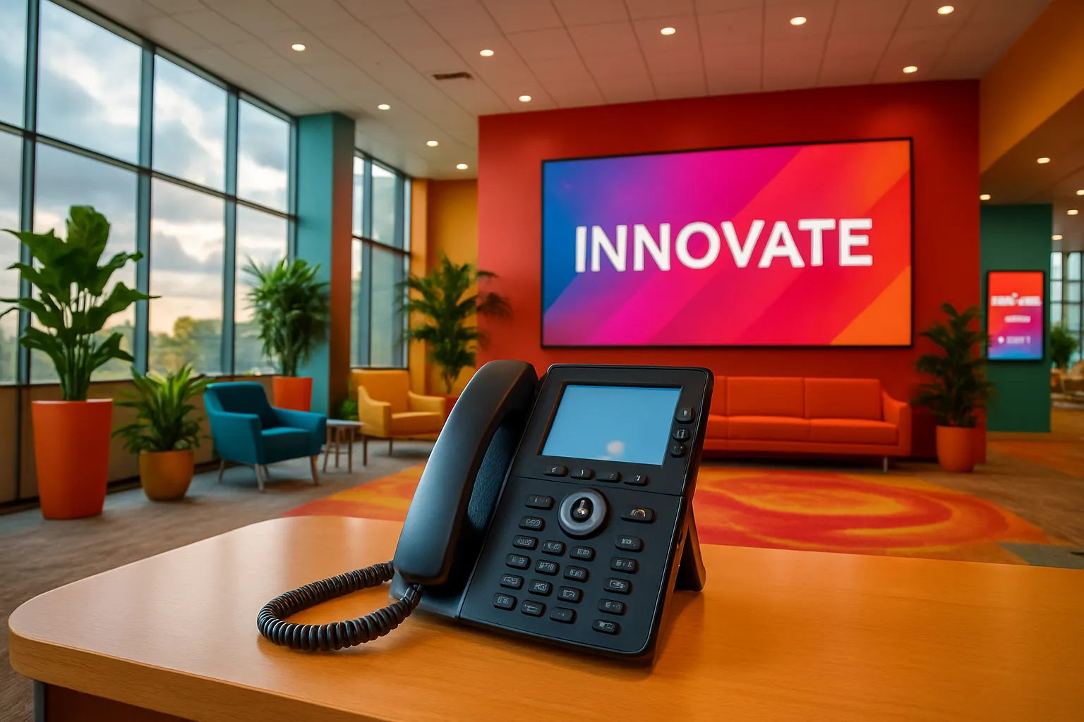 Ein Besprechungszimmer mit Telefon auf dem Tisch, große Fenster, bunte Couchs, Pflanzen und ein großes Display mit "INNOVATE".