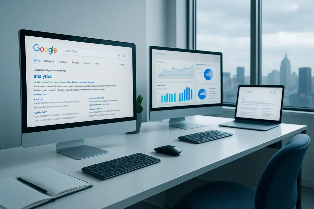 Drei Computer mit Bildschirmen auf einem weißen Schreibtisch in einem Büro mit Fenster. Zeigen Diagramme und Google-Suche.