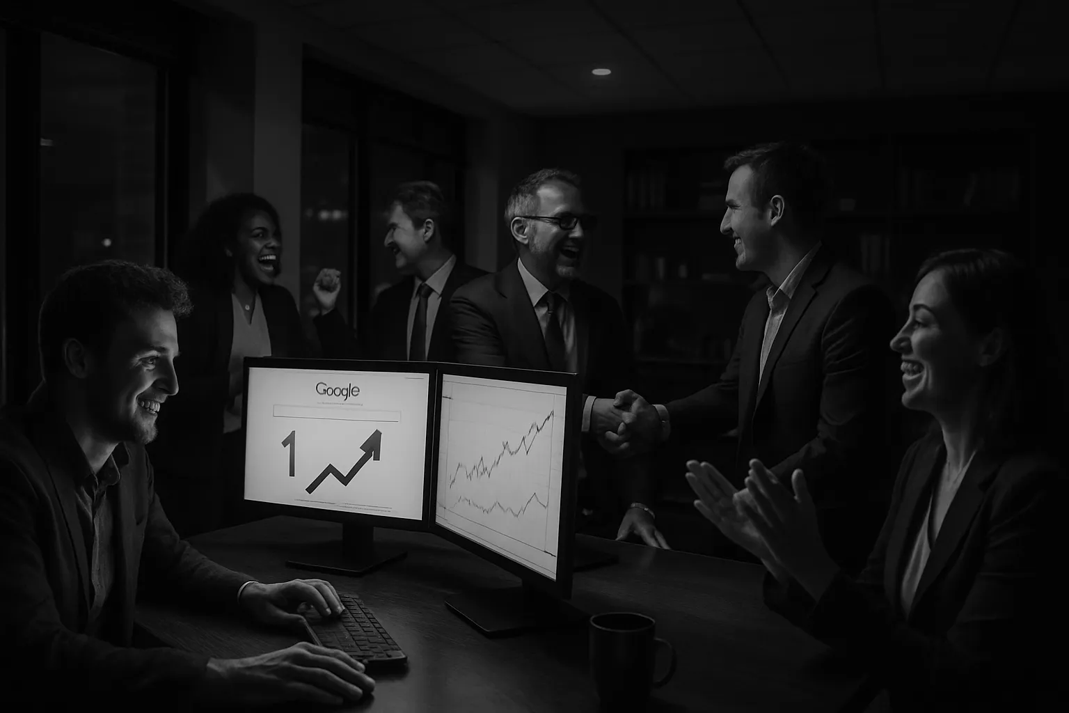 Mehrere Menschen in Anzügen feiern in einem Büroraum, während zwei von ihnen sich am Tisch die Hände schütteln. Im Hintergrund sind Monitore mit Diagrammen.
