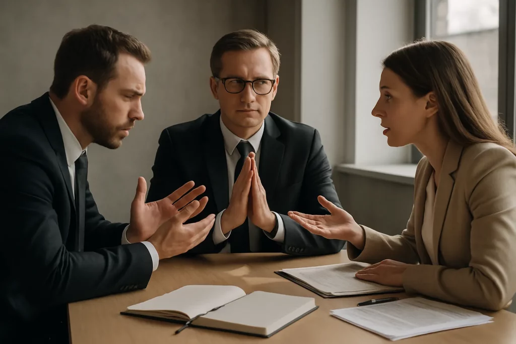 Drei Erwachsene sprechen in einem Büro. Frau erklärt, die zwei Männer hören aufmerksam zu, sie sitzen an einem Tisch mit Akten und Stift.