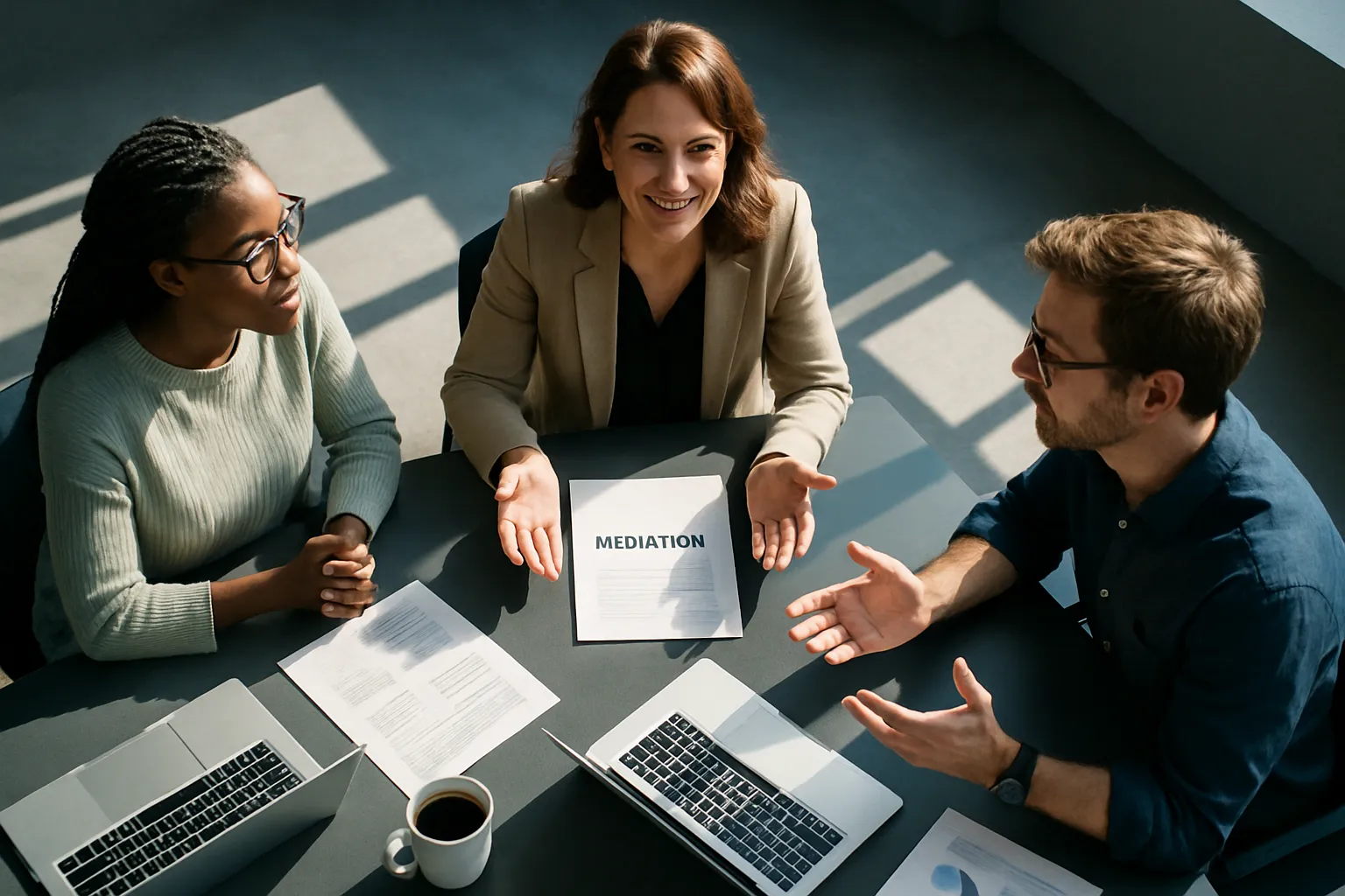 Drei Personen beim Mediationsgespräch an einem Tisch, Gespräche laufen, Dokumente, Laptops und Kaffee sind sichtbar. Es geht um Konfliktlösung.