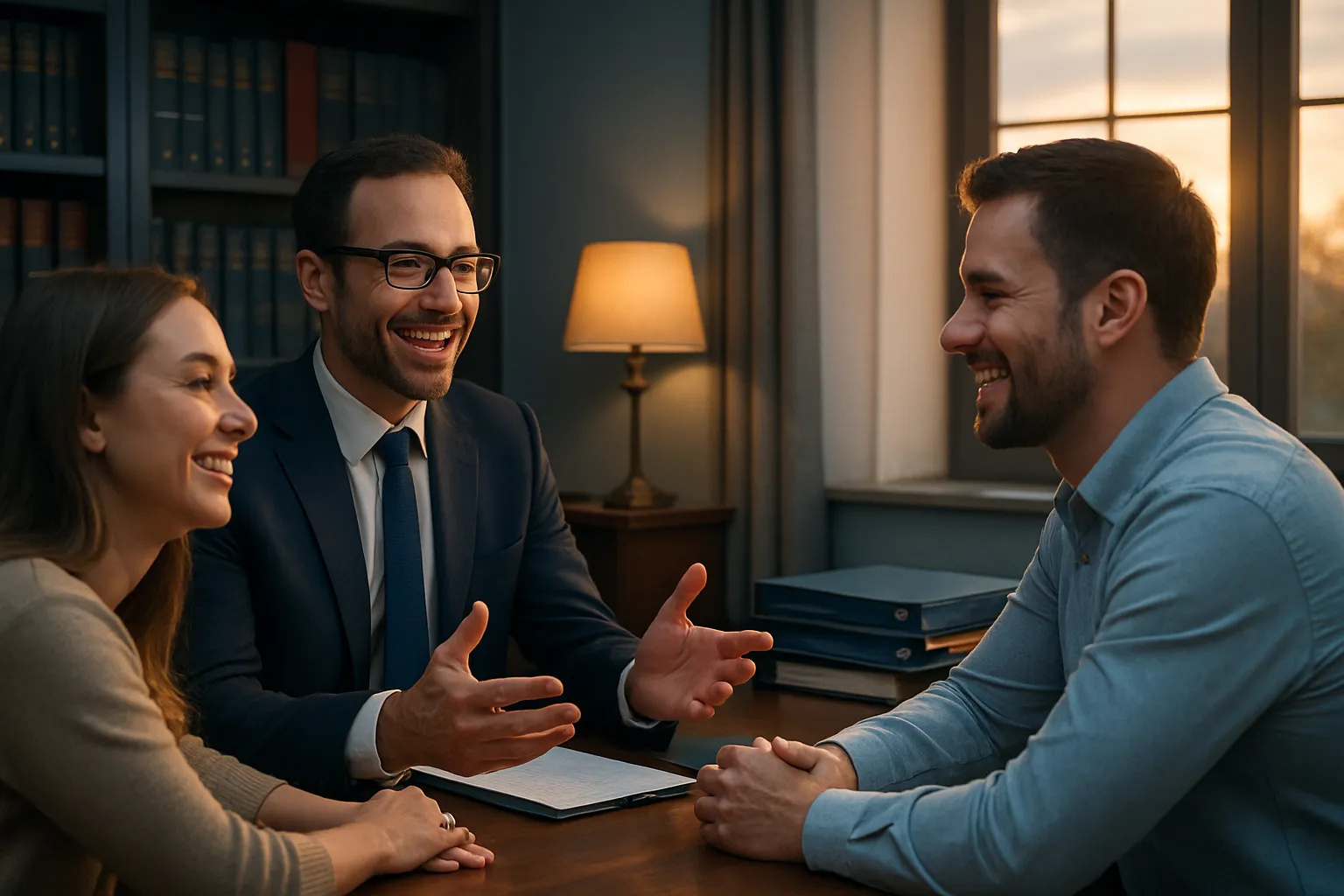 Drei Menschen sprechen in einem Büro bei Sonnenuntergang. Zwei Männer und eine Frau lachen und unterhalten sich freundlich.