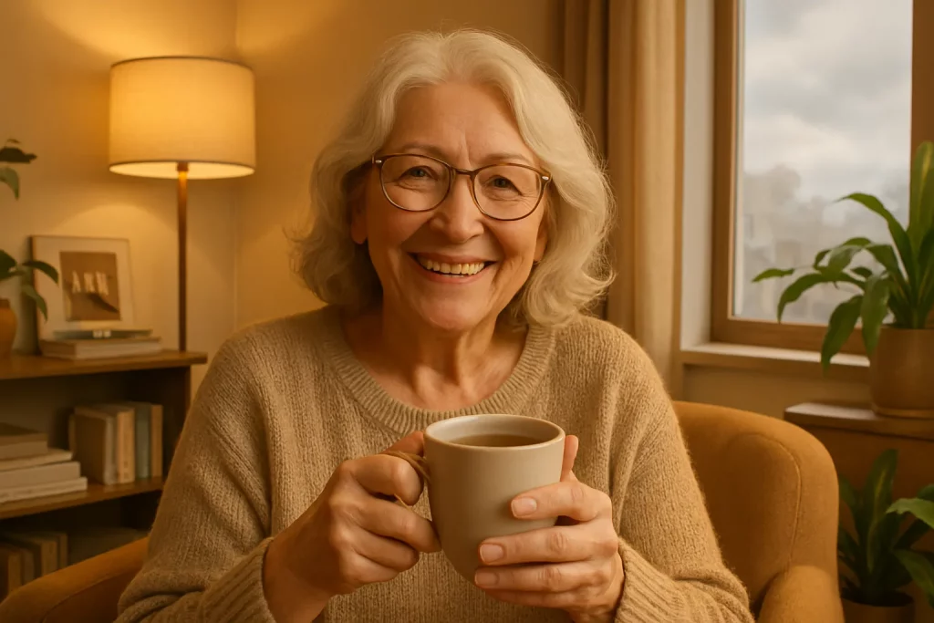 Eine lachende ältere Frau mit Brille hält eine Tasse Kaffee. Sie sitzt im Wohnzimmer, neben einem Fenster und einem Bücherregal.