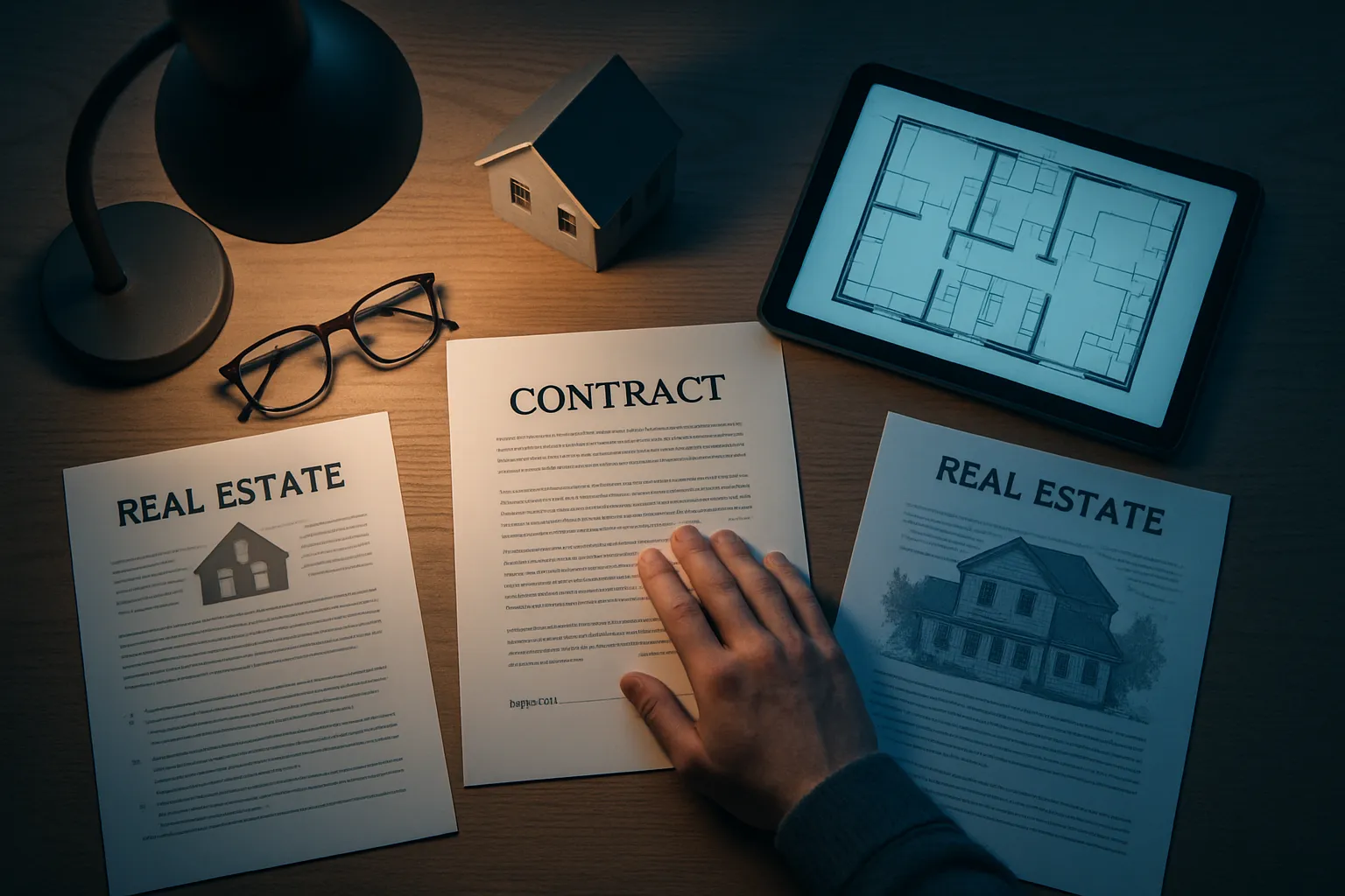 Ein Mann unterzeichnet einen Mietvertrag auf einem Tisch, mit Bauplan, Modellhaus, Brille und Lampe. Es geht um Immobilien.