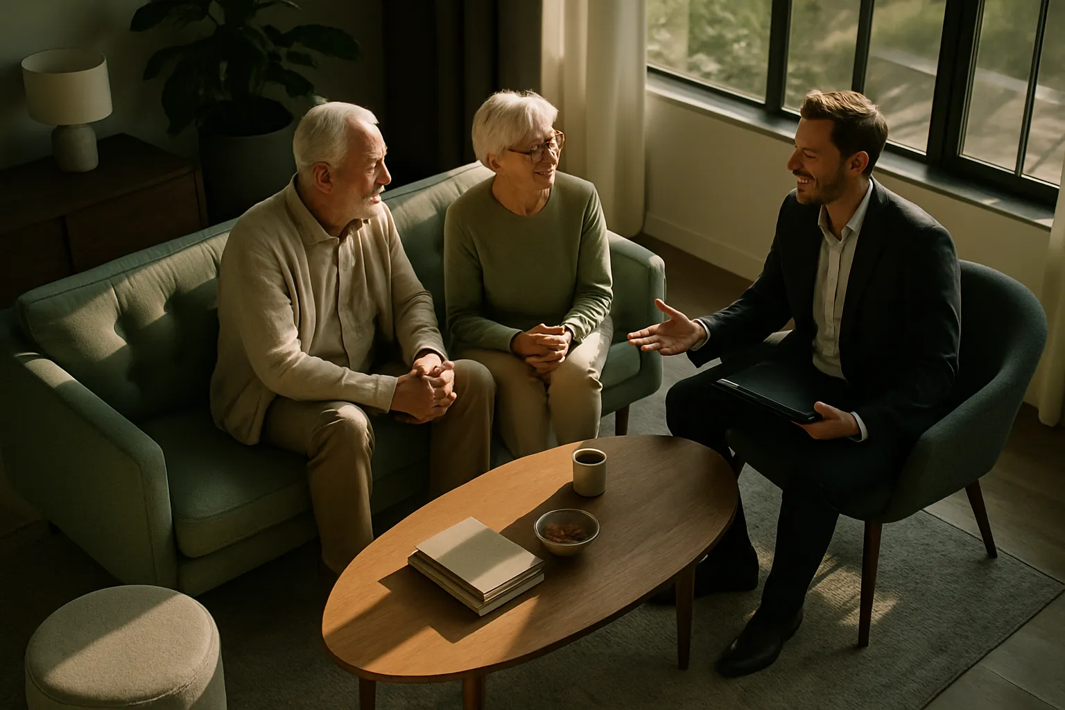 Drei Menschen sitzen im Wohnzimmer: ein älteres Paar auf dem Sofa, ein junger Mann im Anzug spricht freundlich mit ihnen. Es ist hell draußen.