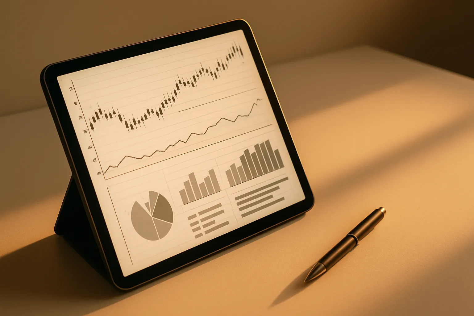 Ein Tablet zeigt Diagramme und Grafiken zur Finanzanalyse, liegt auf einem weißen Tisch mit Kuli daneben. Warmes Licht.