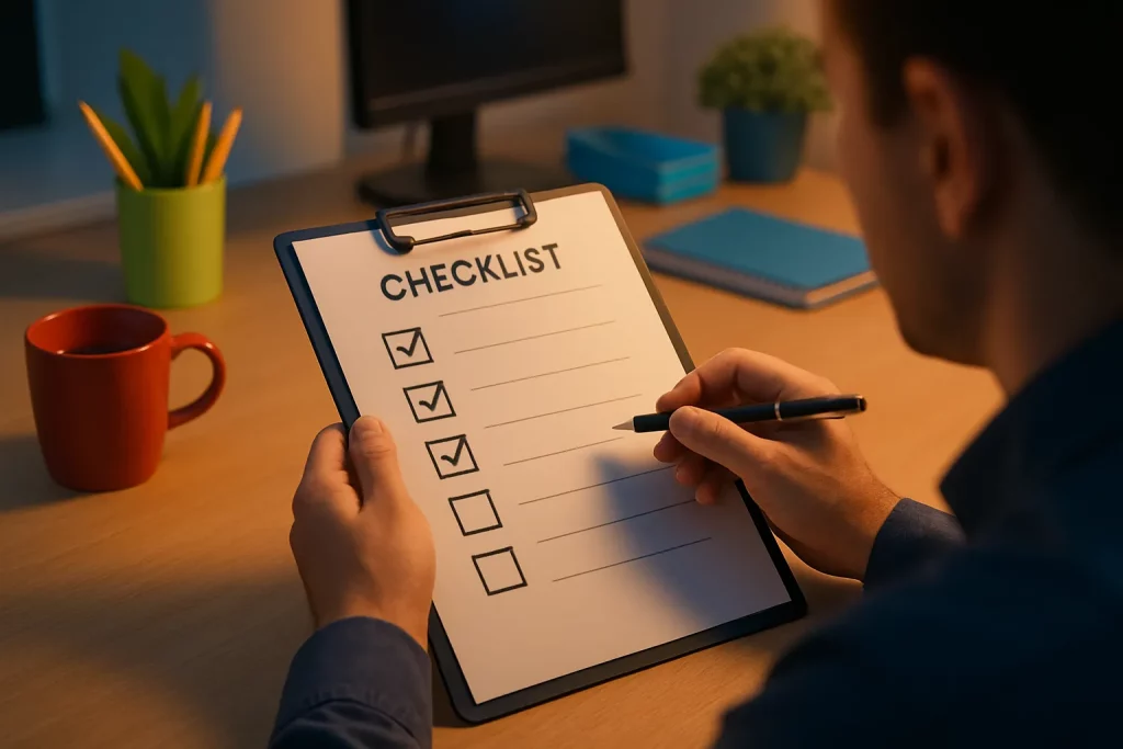 Ein Mann setzt Häkchen auf einer Checkliste an seinem Schreibtisch mit Pflanzen, Laptop, Kaffeetasse und Notizbuch im Hintergrund.
