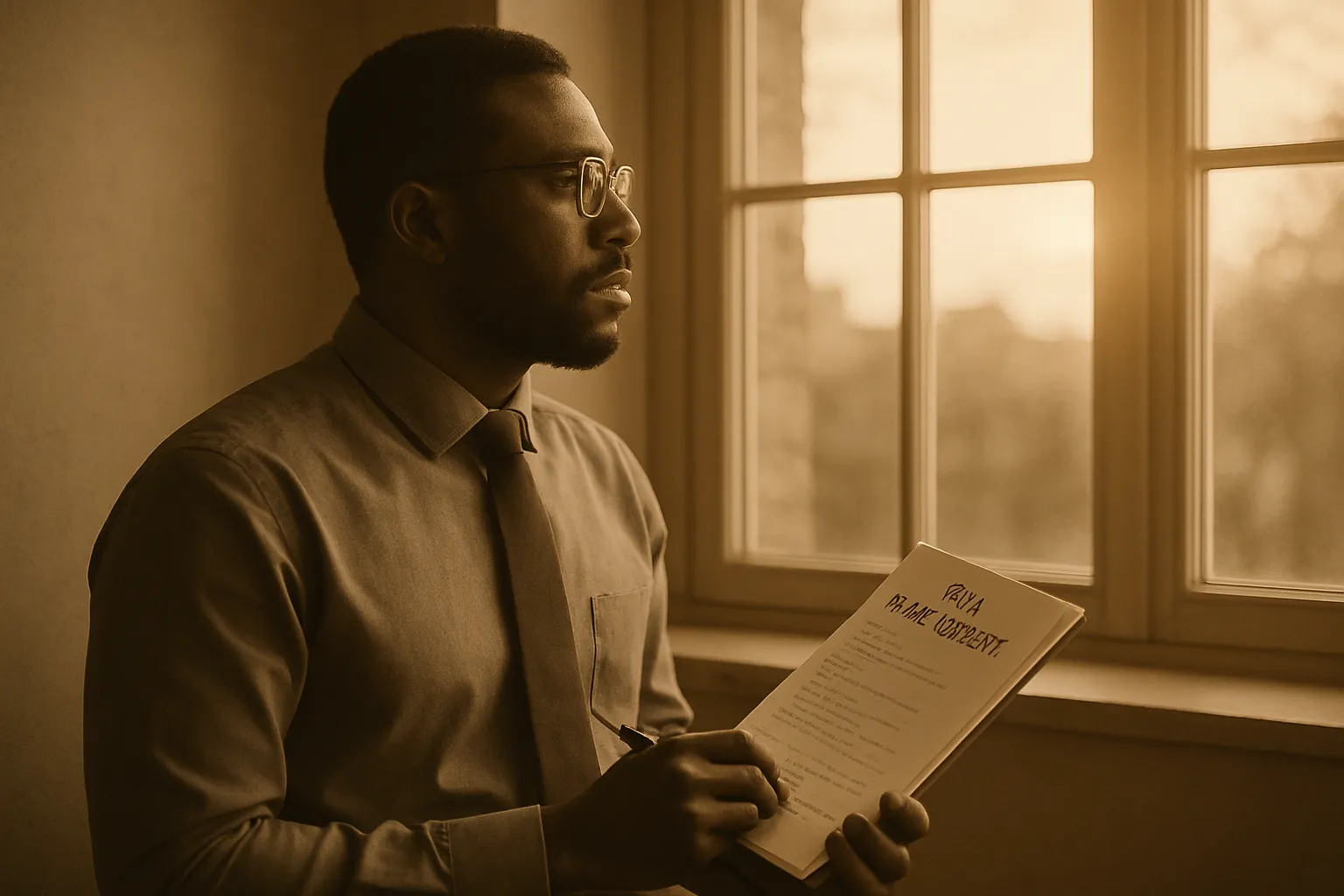 Ein Mann in Brille und Anzug liest ein Papier am Fenster, das „Patya: Der arme Verbrecher“ heißt, bei Sonnenuntergang.