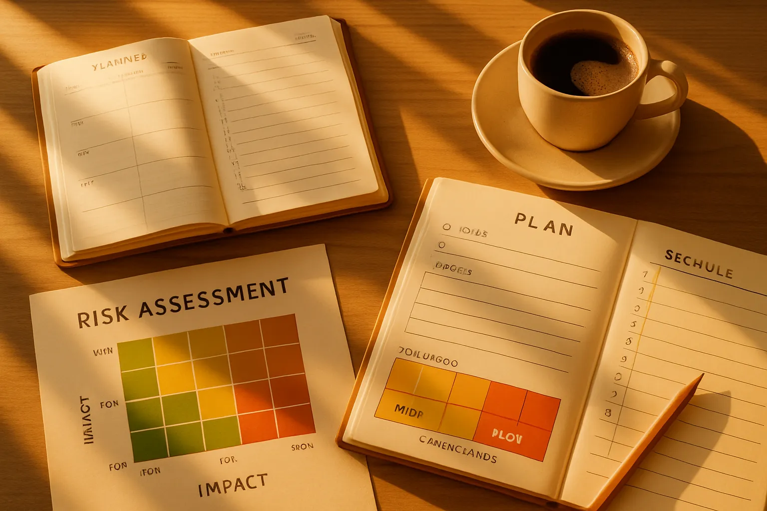 Offener Notizblock und Tagesplanung auf Holzschreibtisch, dazu eine Tasse Kaffee bei Sonnenlicht. Arbeitet jemand, ist aber unsichtbar.