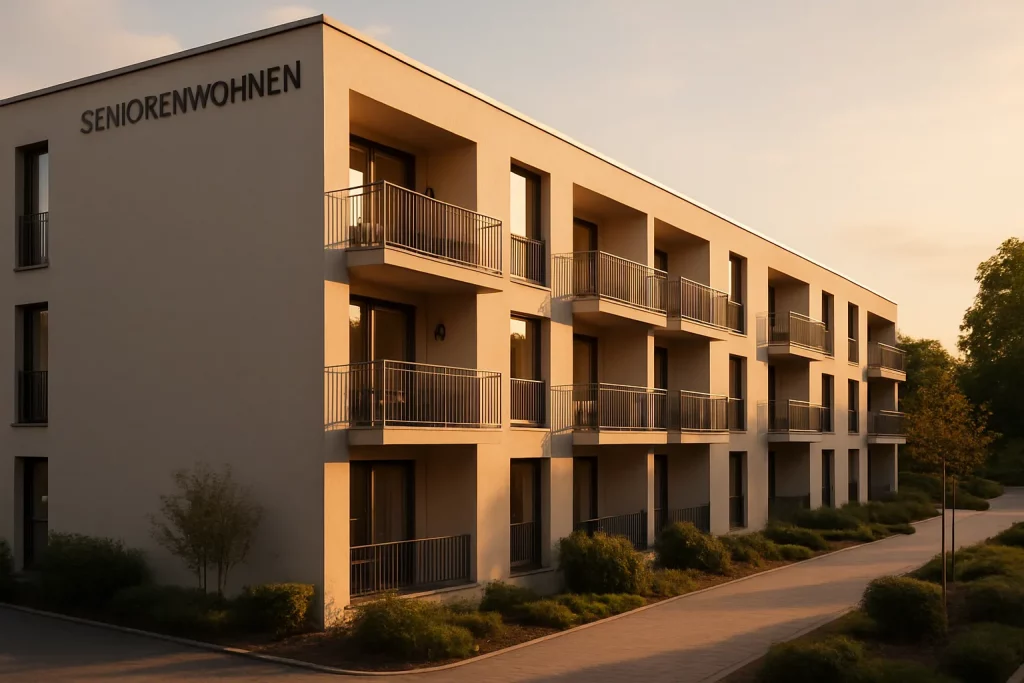 Mehrstöckiges Gebäude mit Balkonen, vorne Bäume und Wege, Beschriftung "SENIORENWOHNEN" an der Wand, wahrscheinlich Seniorenzentrum.
