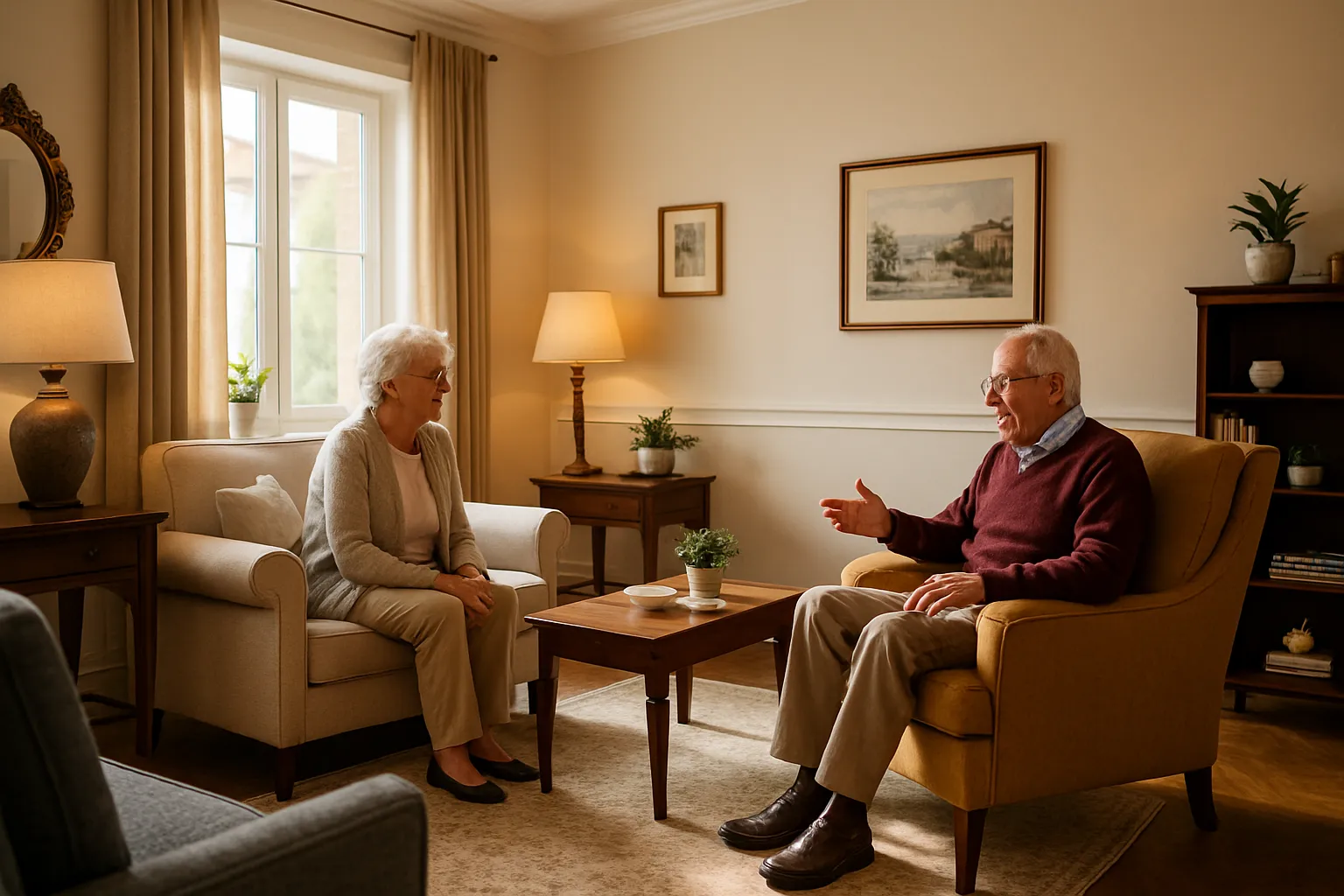 Ein älteres Paar spricht in einem gemütlichen Wohnzimmer. Sie sitzt auf einem Sofa, er in einem Sessel, neben einem Couchtisch.