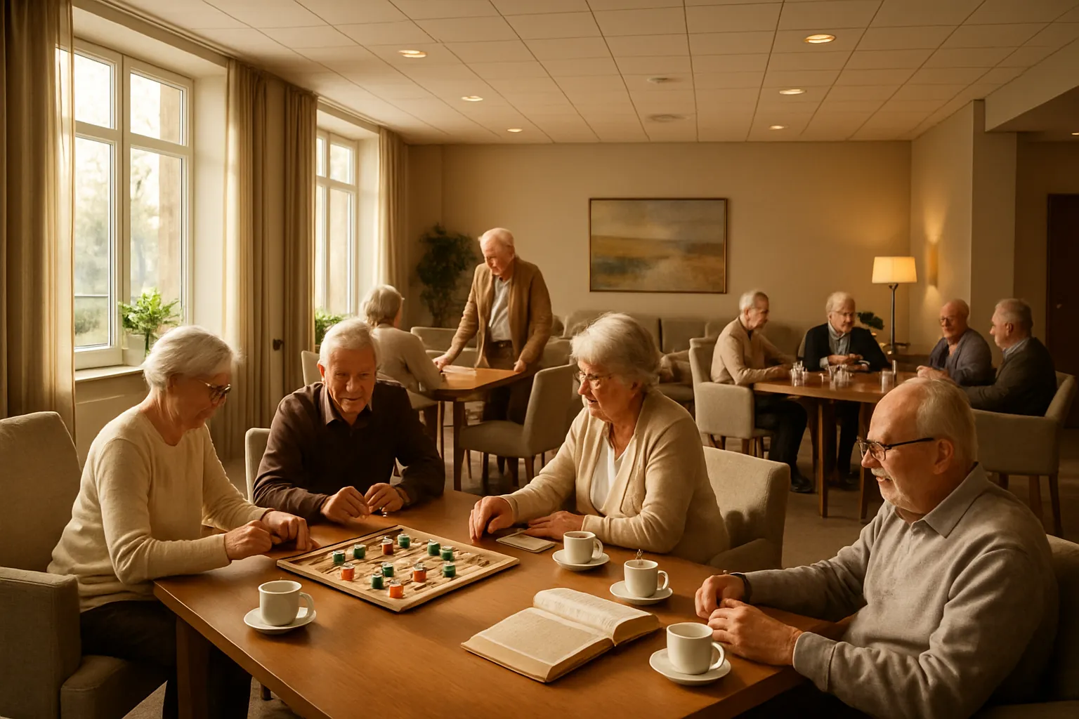 Senioren spielen in einem Wohnzimmer Gesellschaftsspiele, trinken Kaffee und unterhalten sich in gemütlicher Runde.