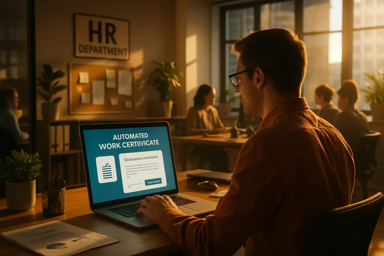 Ein Mann arbeitet am Laptop im Büro, das Licht ist warm. Im Hintergrund sitzen andere Menschen, ein HR- und ein Zertifikatsschild sind zu sehen.