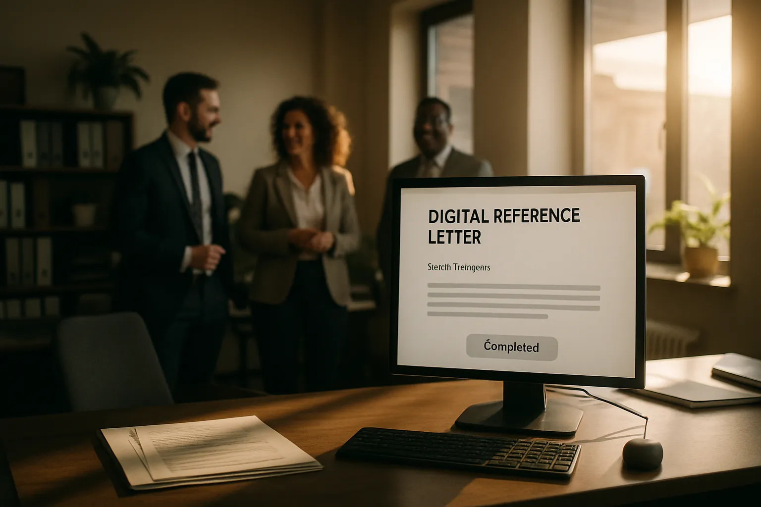 Bild zeigt eine Büro-Szene mit drei Personen im Hintergrund und einem Computerbildschirm im Vordergrund, der eine fertiggestellte digitale Referenzbrief zeigt.