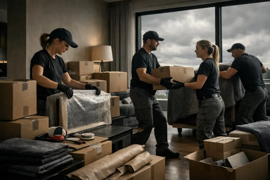 Vier Menschen packen Kisten in einer Wohnung. Es ist tagsüber, sie tragen schwarze Kleidung und arbeiten zusammen.