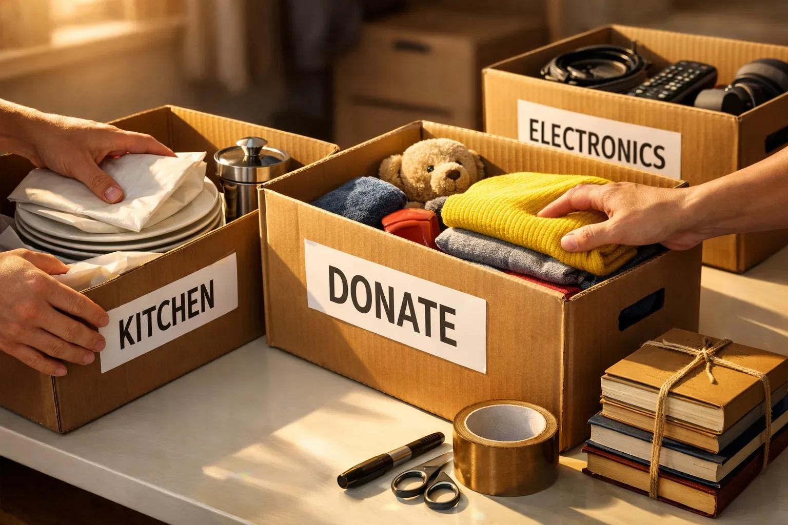 Zwei Personen packen Gegenstände in Kartons mit Beschriftungen: "KITCHE", "DONATE", "ELECTRONICS" auf einem Tisch. Es gibt Papier, Stifte, Band und Bücher.