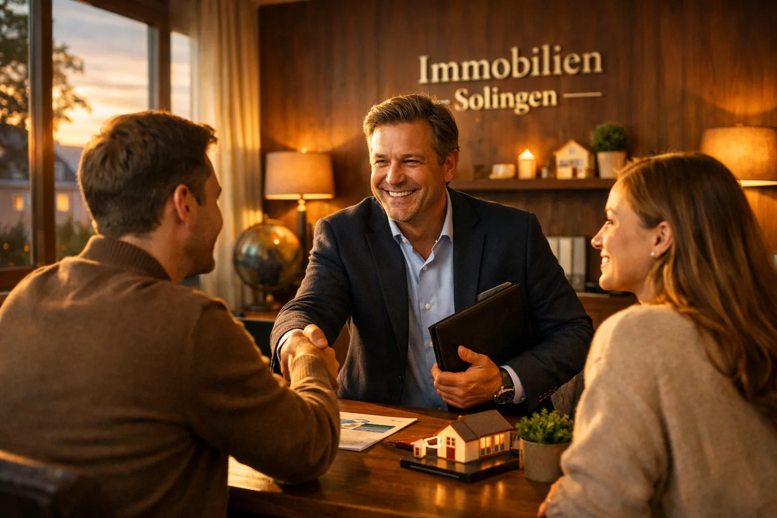 Drei Menschen sprechen in einem Büro mit Holzdekor und Blumen, beim Händeschütteln. Im Hintergrund steht „Immobilien Solingen“.