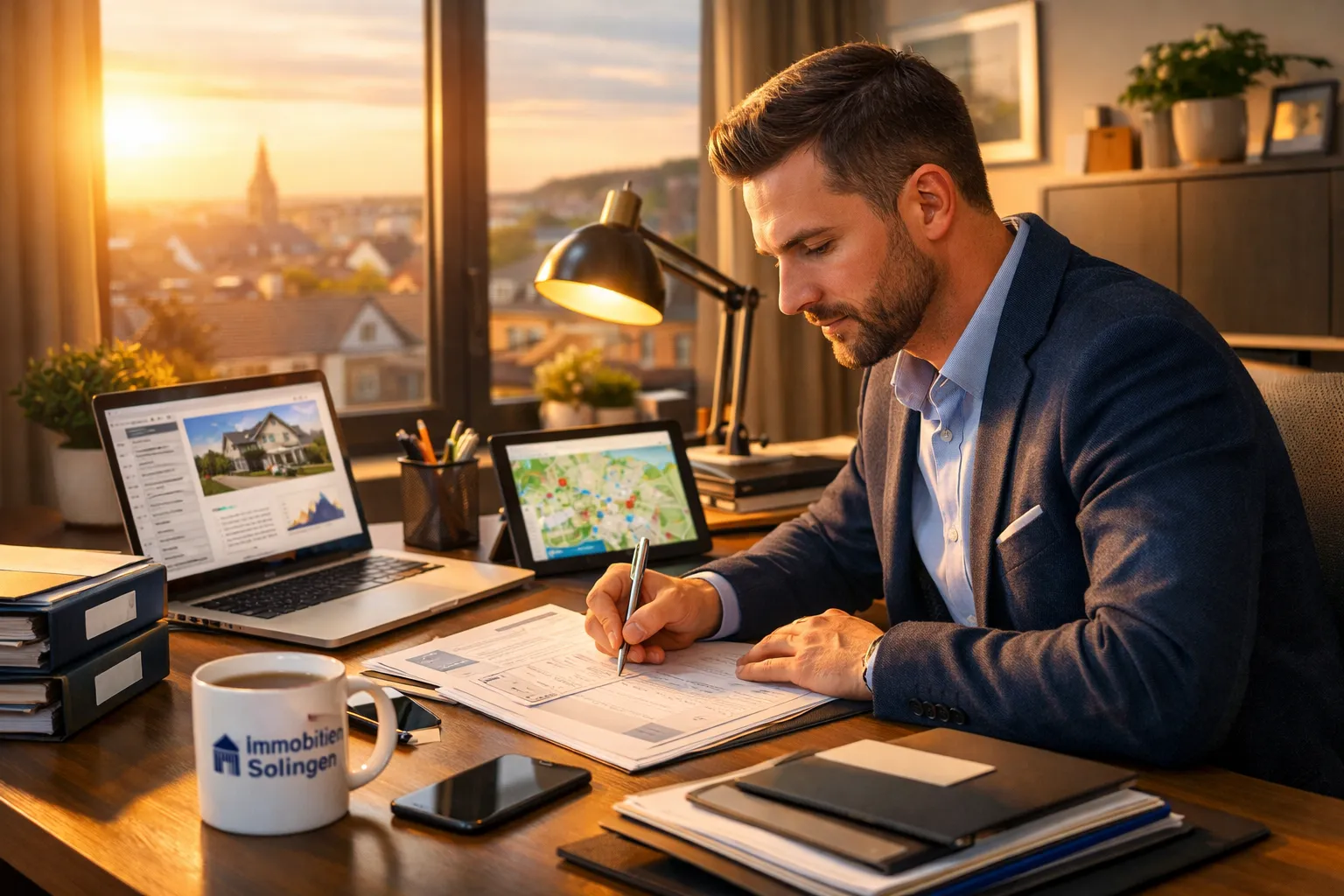 Ein Mann arbeitet an einem Schreibtisch, mit Laptop, Tablet, Handy und Papieren, bei Sonnenuntergang im Büro. Hinter ihm große Fenster mit Stadtblick.