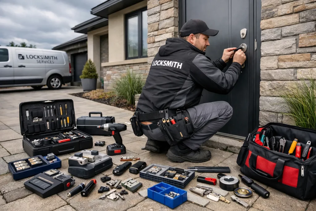 Ein Schlosser arbeitet draußen vor einem Haus, umgeben von Werkzeugen und einem Werkzeugkoffer. Er trägt eine Jacke mit „LOCKSMITH“.