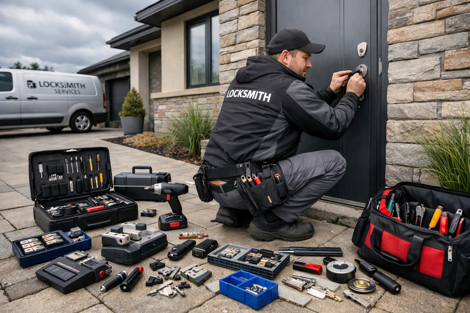 Ein Schlosser arbeitet draußen vor einem Haus, umgeben von Werkzeugen und einem Werkzeugkoffer. Er trägt eine Jacke mit „LOCKSMITH“.