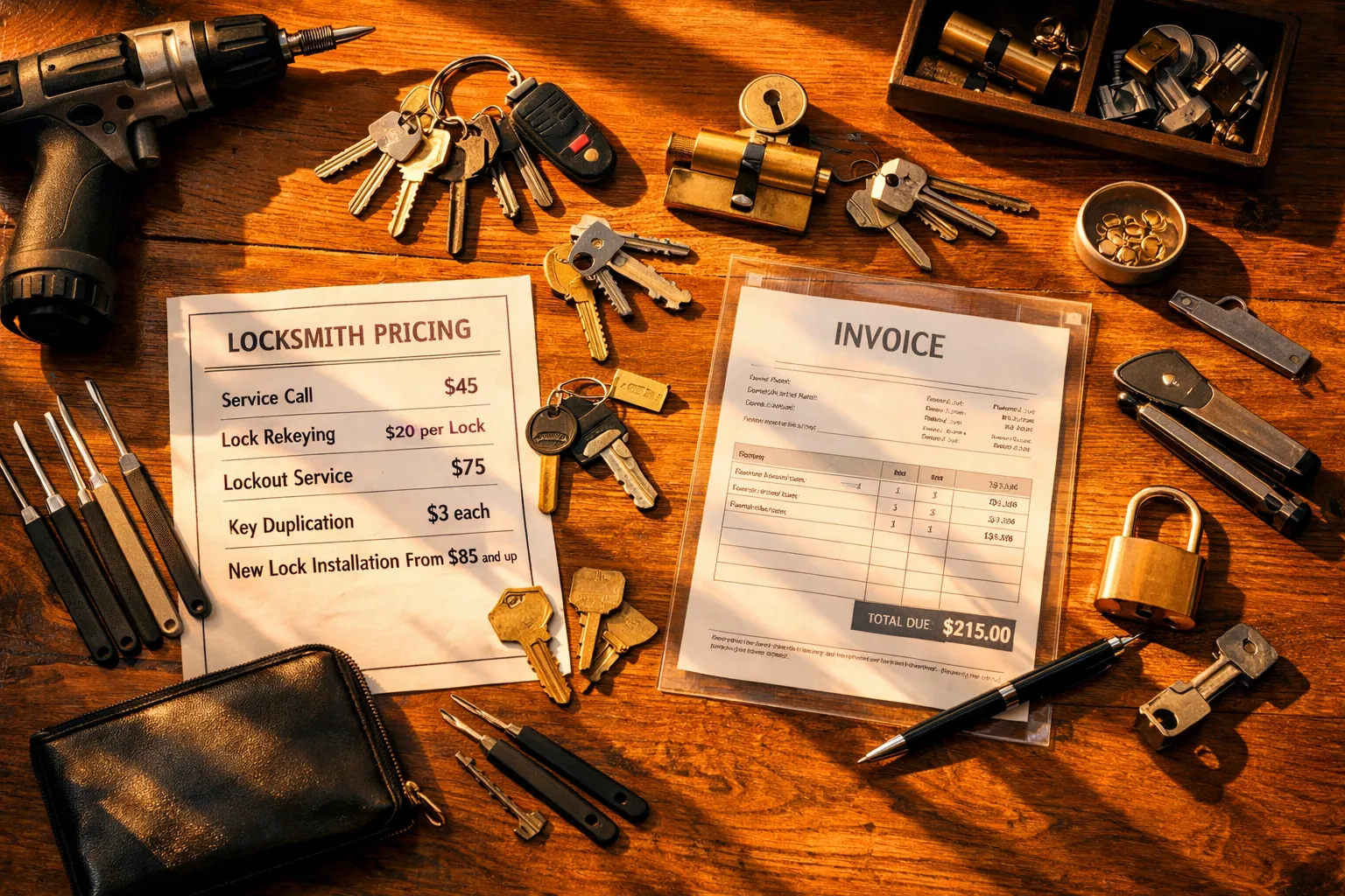 Werkstatt mit Schlüsseln, Schraubenziehern, Schloss, Rechnung, Preisliste, Koffer, Pistole, Bohrer, Zubehör auf Holztisch.