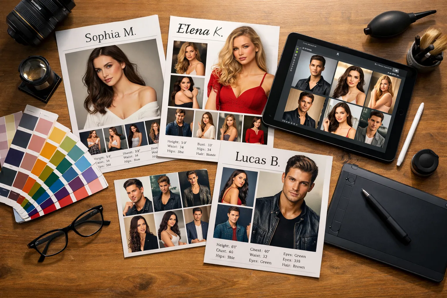 Drei Model-Profile, Farbpalette, Kamera, Brille und Tablet auf Holz. Fotos von Männern und Frauen, vermutlich für Fotoshooting oder Styling.
