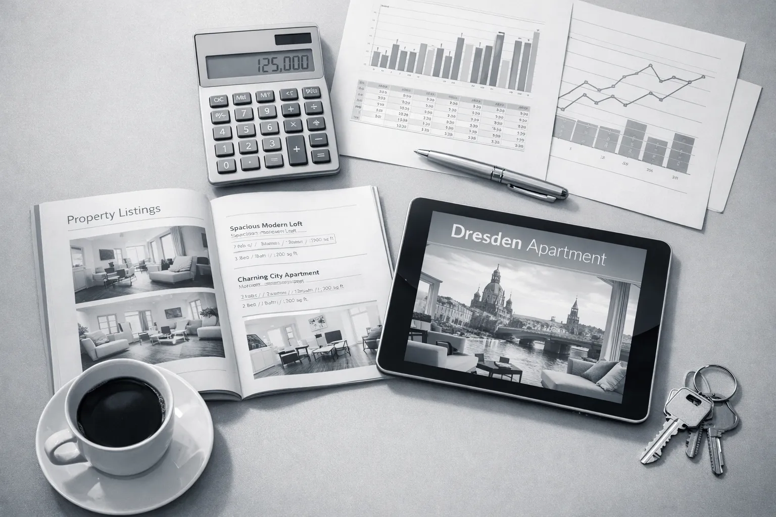 Ein Arbeitsplatz mit Unterlagen, Tablet, Taschenrechner, Schlüssel, Kaffee, Stift, Papier und Diagramme auf einem Tisch.