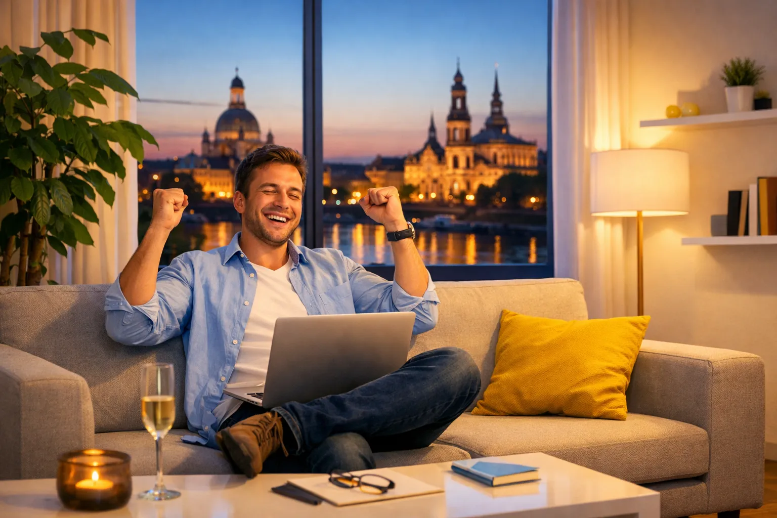 Ein lachender Mann jubelt auf einem Sofa mit Laptop, im Hintergrund ein Stadtblick bei Sonnenuntergang. | Wohnung, Mann, Laptop, Freude, Stadtwal, Abend