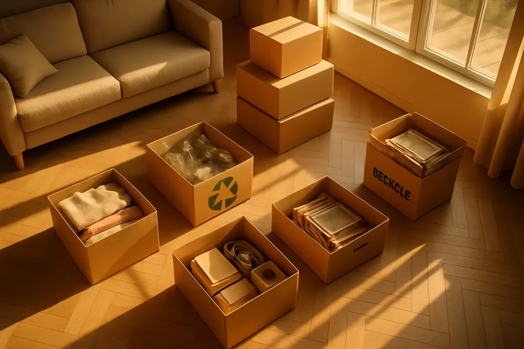 Mehrere Kartons mit Büchern, Papier und Gegenständen liegen auf dem Boden in einem hellen Wohnzimmer mit Sofa und großen Fenstern.