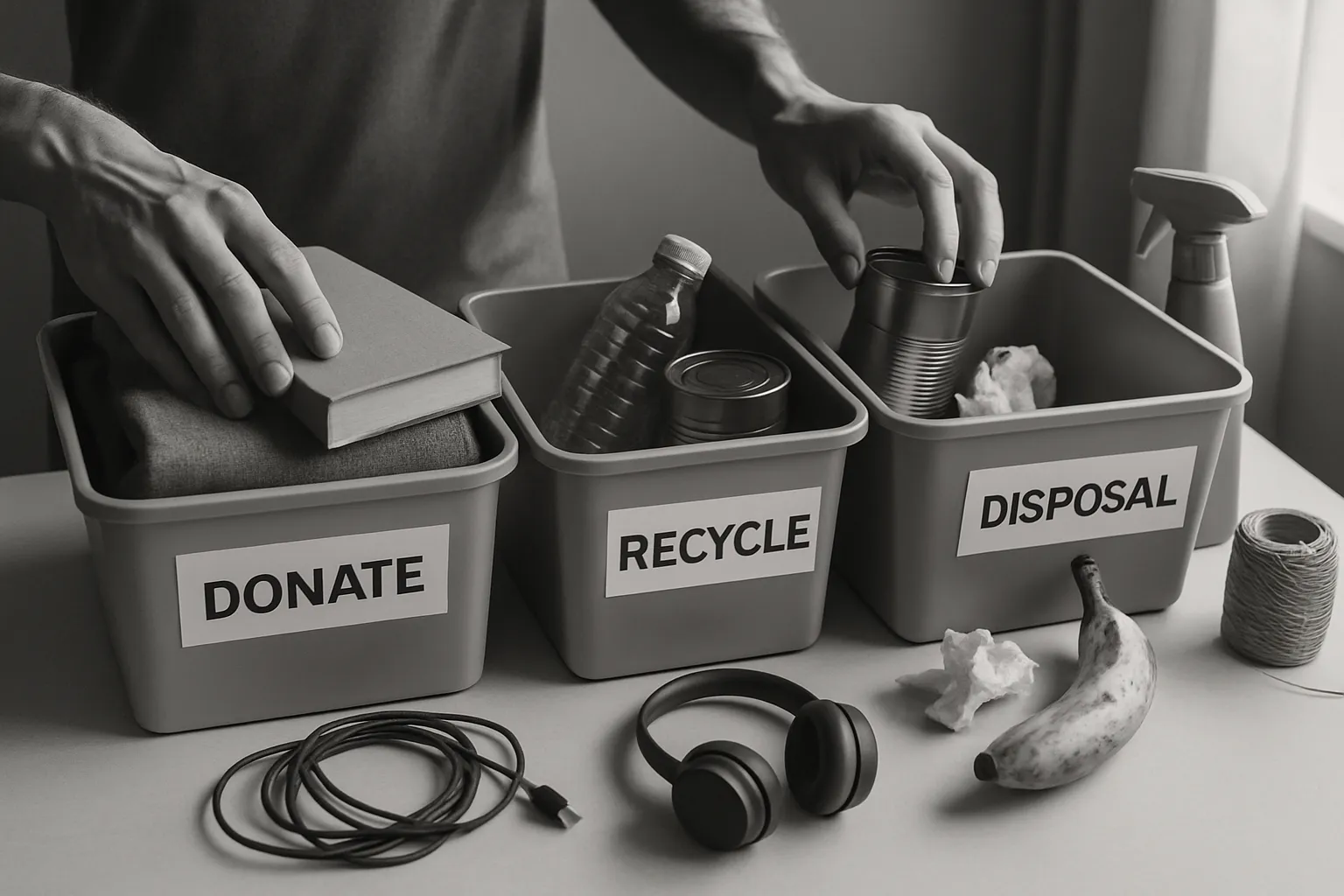 Drei Aufbewahrungsboxen mit Labels: donate, recycle, disposal. Darin Verpackungen und Gegenstände, daneben Kopfhörer, Schnur, Krümel, Banane.