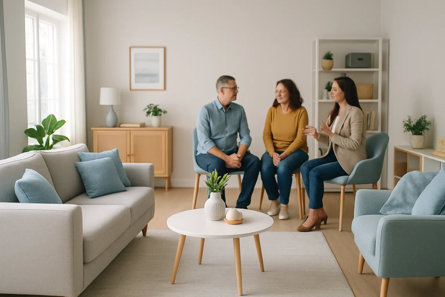 Drei Menschen sitzen in einem hellen Wohnzimmer und führen ein Gespräch. Es sind zwei Frauen und ein Mann.