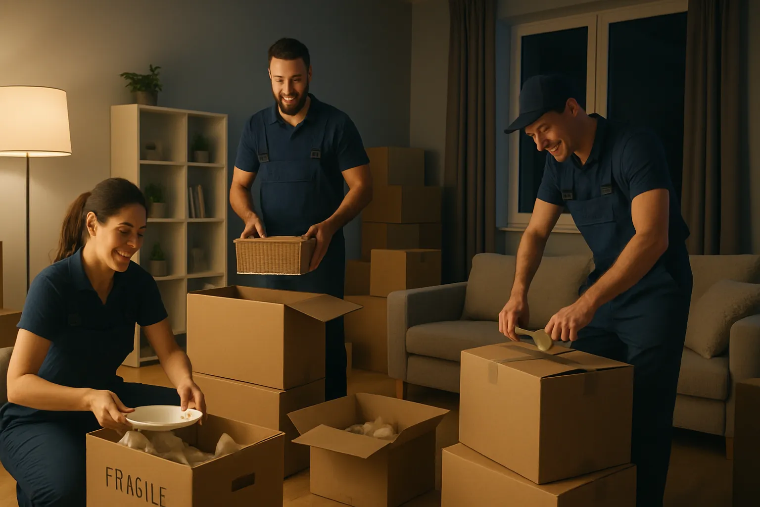 Drei Personen packen in einem Wohnzimmer Kartons, lachen und arbeiten zusammen beim Umzug. Es ist dunkel draußen.