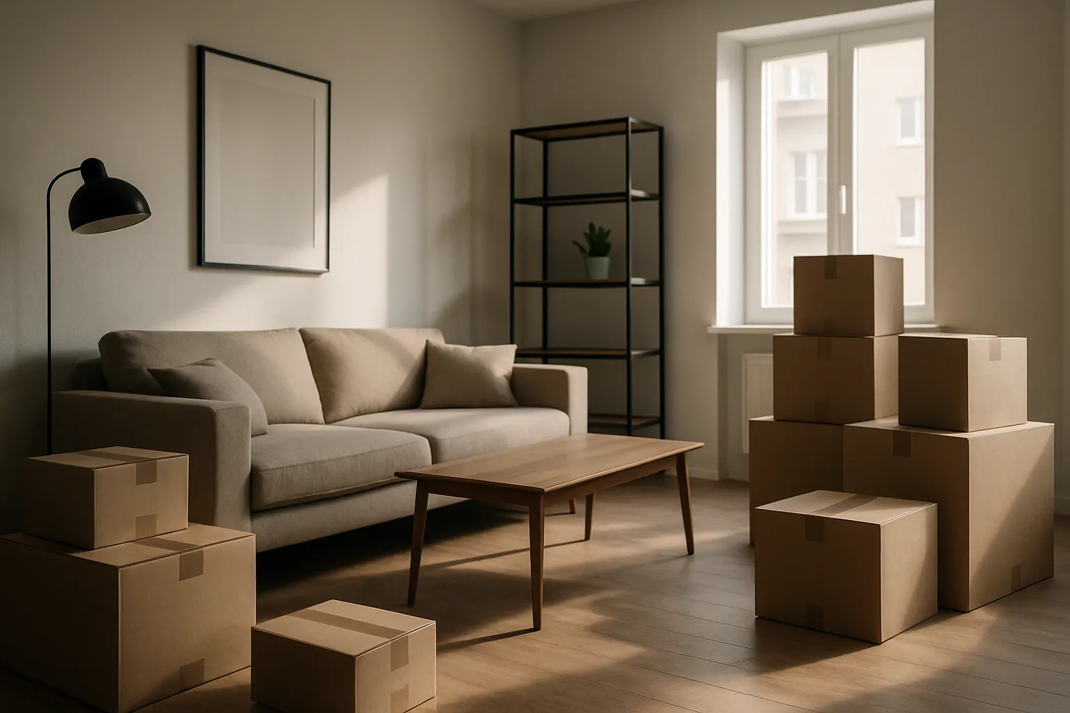 Ein gemütliches Wohnzimmer mit Sofa, Stehlampe, Regal, Fenster und mehreren Kartons, die auf einen Umzug oder die Lagerung hinweisen.