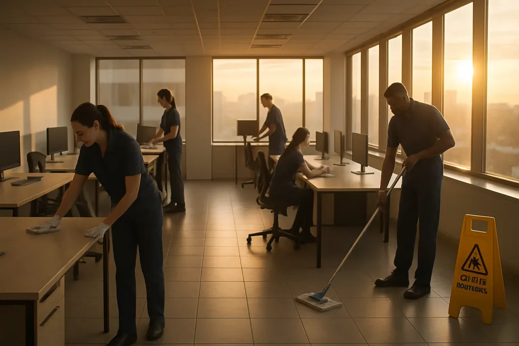 Menschen beim Reinigen eines Büros bei Sonnenuntergang, einige wischen Tische, eine Person mit Mopp, andere am Computer.