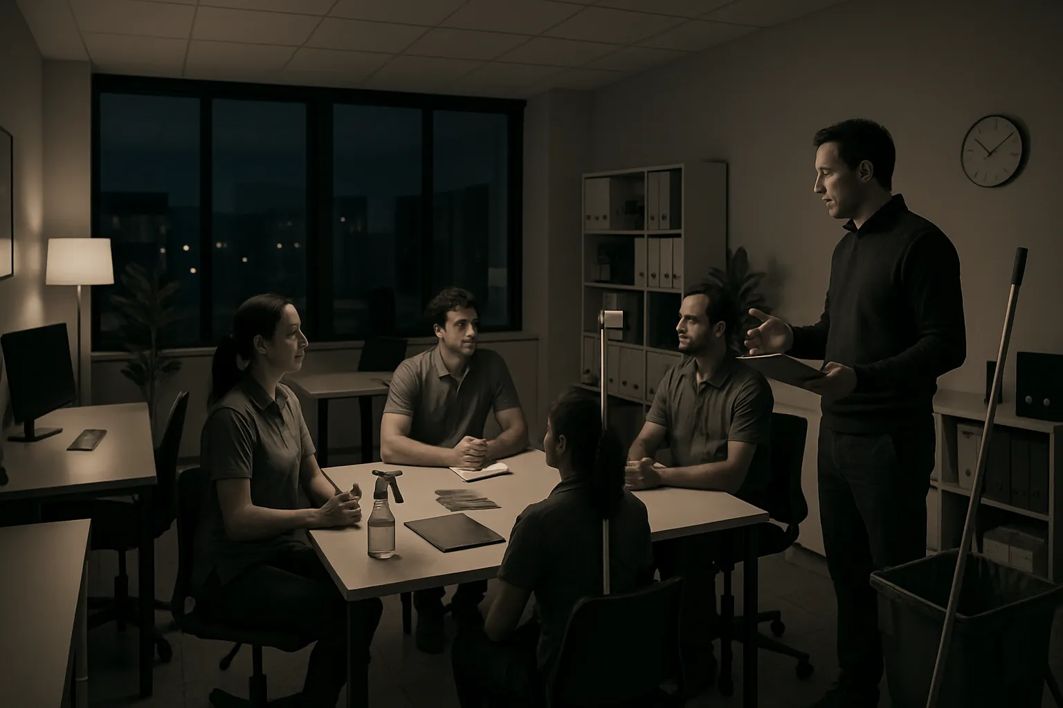 Ein Mann spricht in einem Büro mit vier Personen bei Nacht. Die Atmosphäre ist ernst, im Raum sind Lampen und Regale.