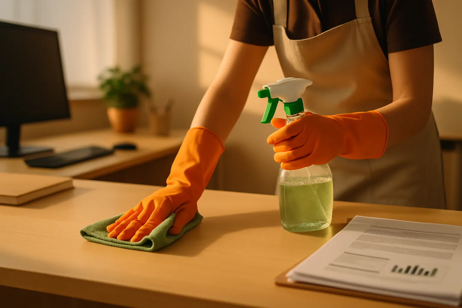 Jemand putzt einen Tisch mit grüner Lösung, trägt orange Gummihandschuhe und trägt eine Schürze im Büro.