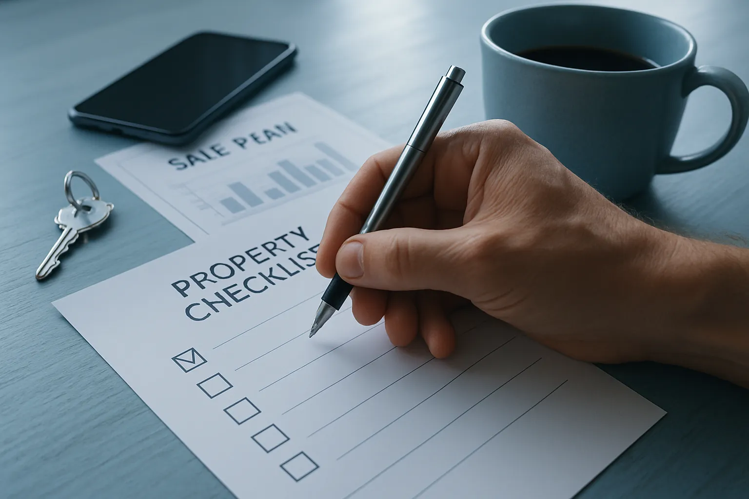 Hand schreibt auf einer Checkliste für Immobilien auf einem Tisch mit Schlüssel, Smartphone, Kaffee und Notizpapier.