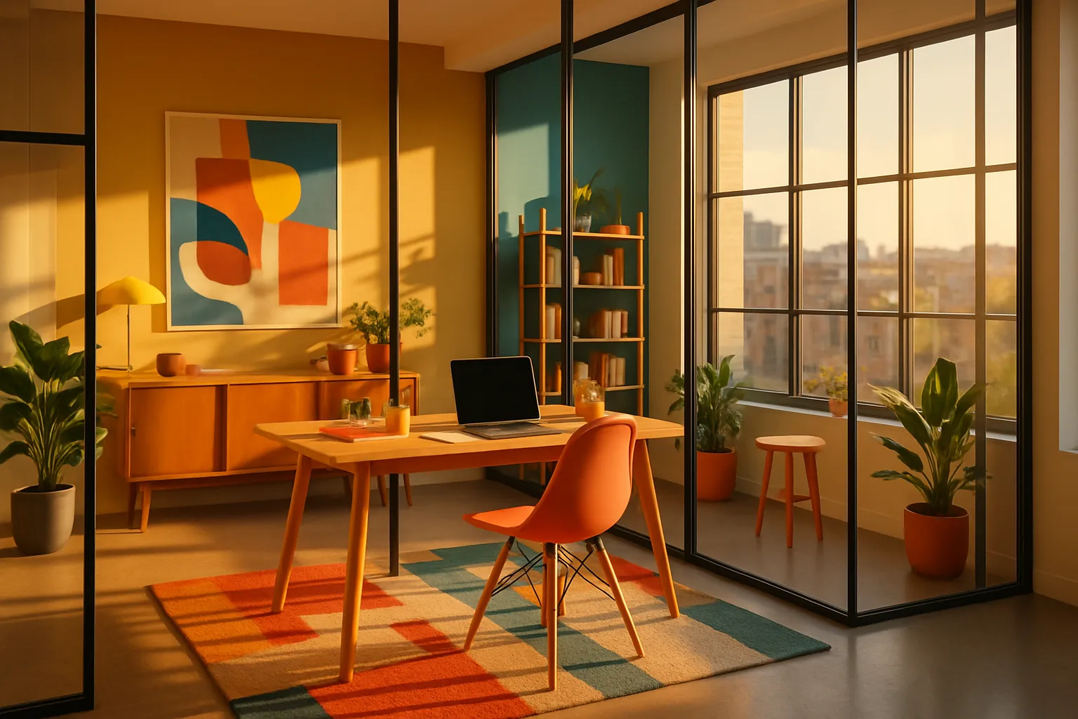 Ein modernes Büro mit einem Schreibtisch, einem Stuhl, Regal, Pflanzen und viel Sonnenlicht durch große Fenster.